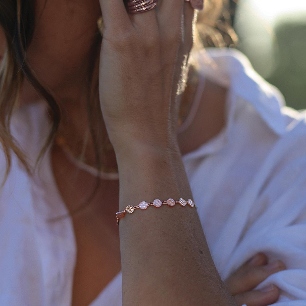 This artisan-made bracelet is handcrafted in rose gold and designed for layering with other jewellery.