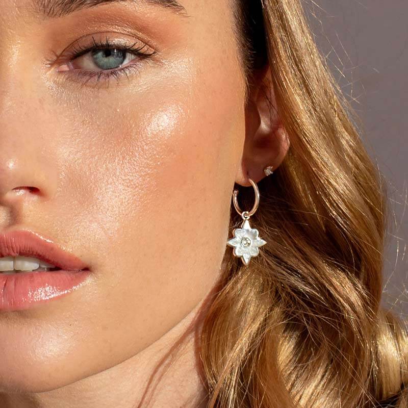 Handcrafted hoop earrings featuring luminous mother of pearl pendant. Crafted by skilled artisans. 
