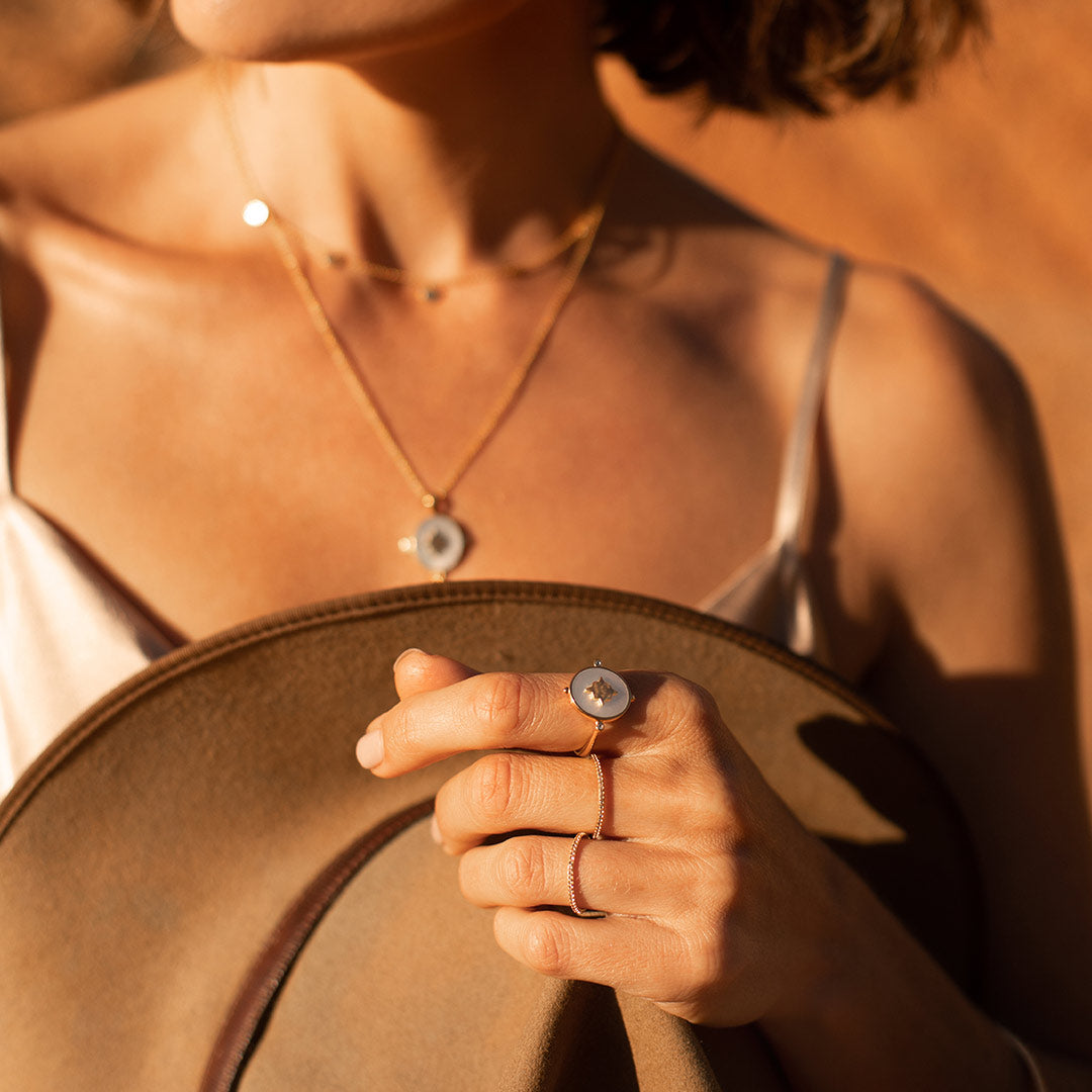 Handcrafted ring, created by skilled artisans. Featuring mother of pearl centrepiece, delicately set in a lustrous yellow gold band.